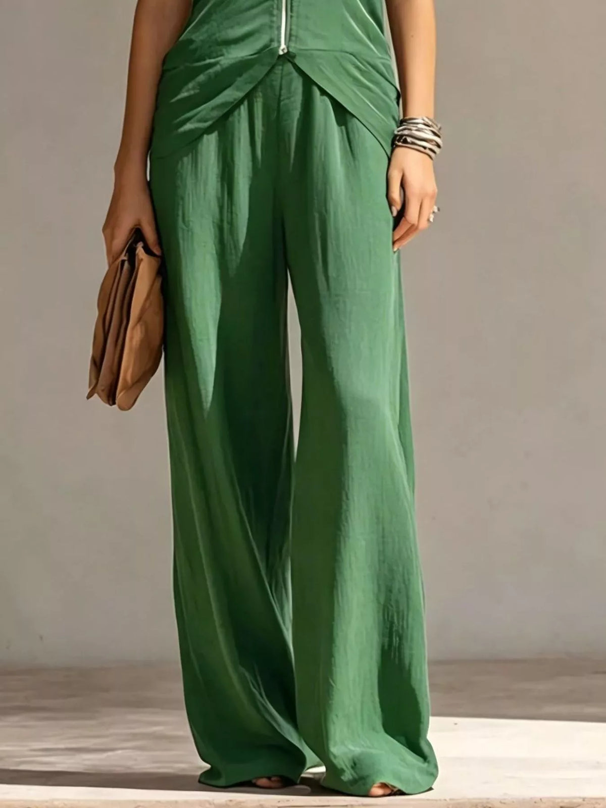 Full Size Zipper Front Tank and Wide-Leg Pants Set Plus Size - Trendsi - Flyclothing LLC