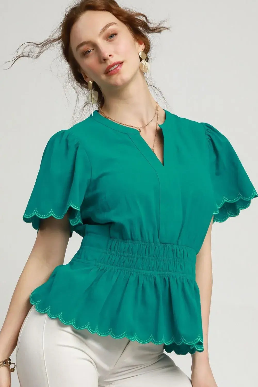 Umgee Scalloped Edge Flutter Sleeve Blouse - Trendsi - Flyclothing LLC