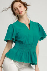 Umgee Scalloped Edge Flutter Sleeve Blouse - Trendsi - Flyclothing LLC
