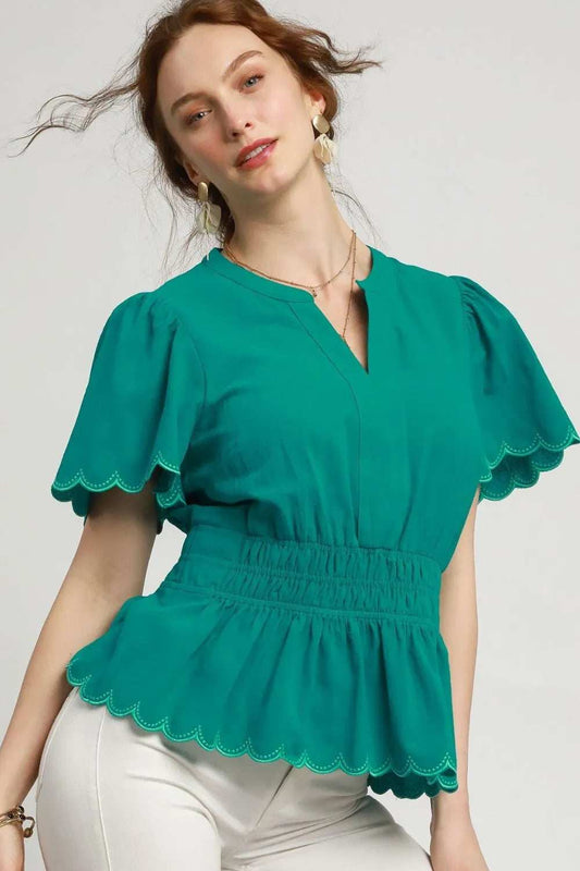 Umgee Scalloped Edge Flutter Sleeve Blouse - Trendsi - Flyclothing LLC