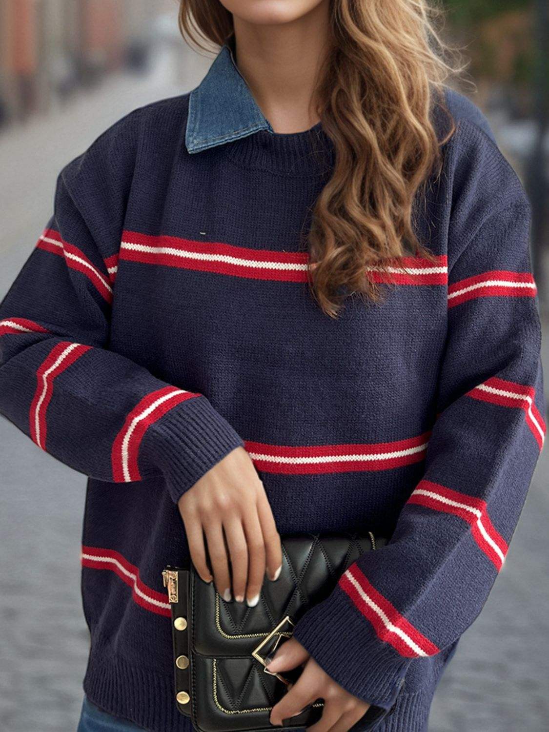 Contrast Stripes Round Neck Long Sleeve Sweater - Trendsi - Flyclothing LLC