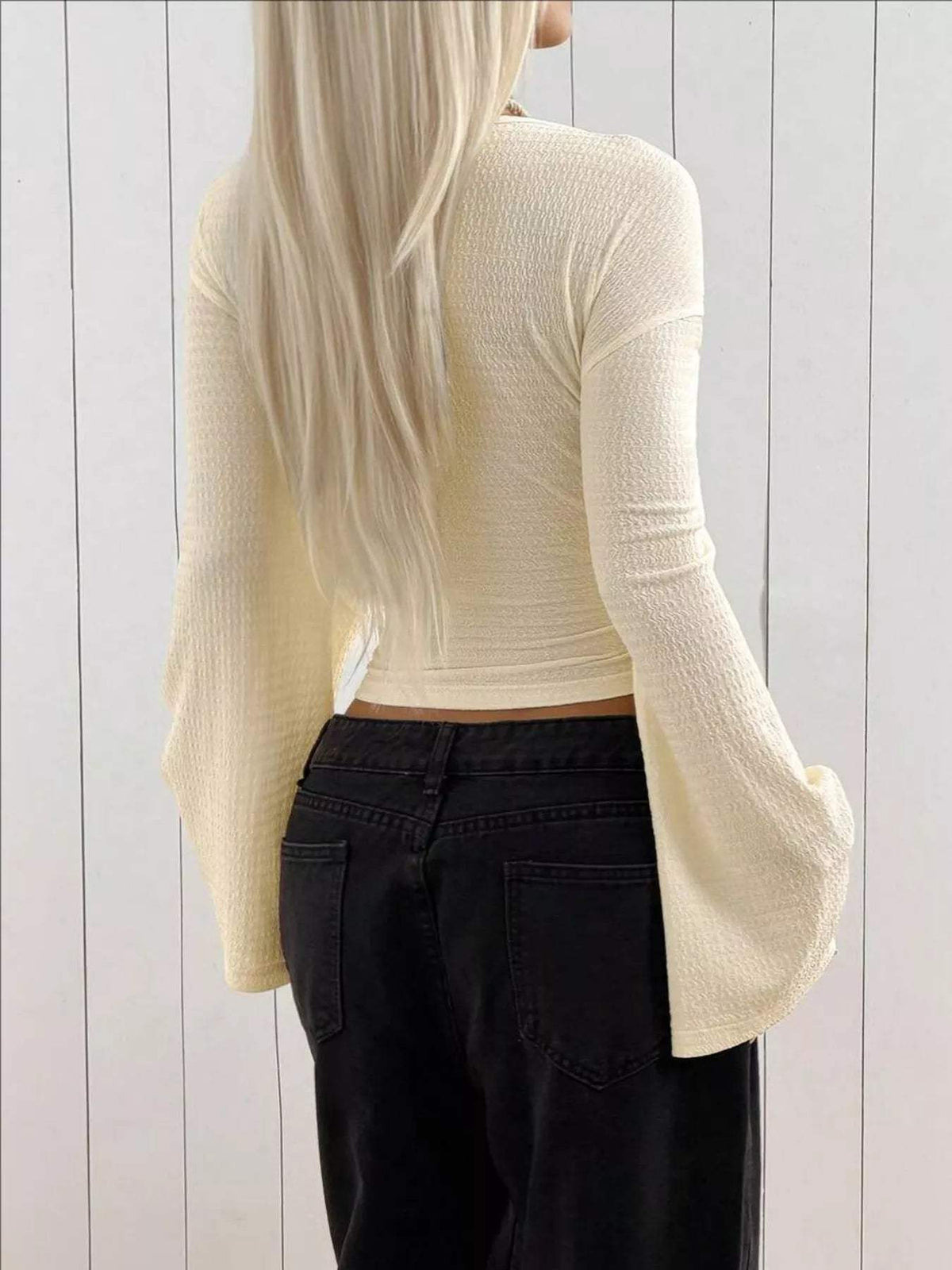 Slim Fit Flare Sleeve Top - Trendsi - Flyclothing LLC