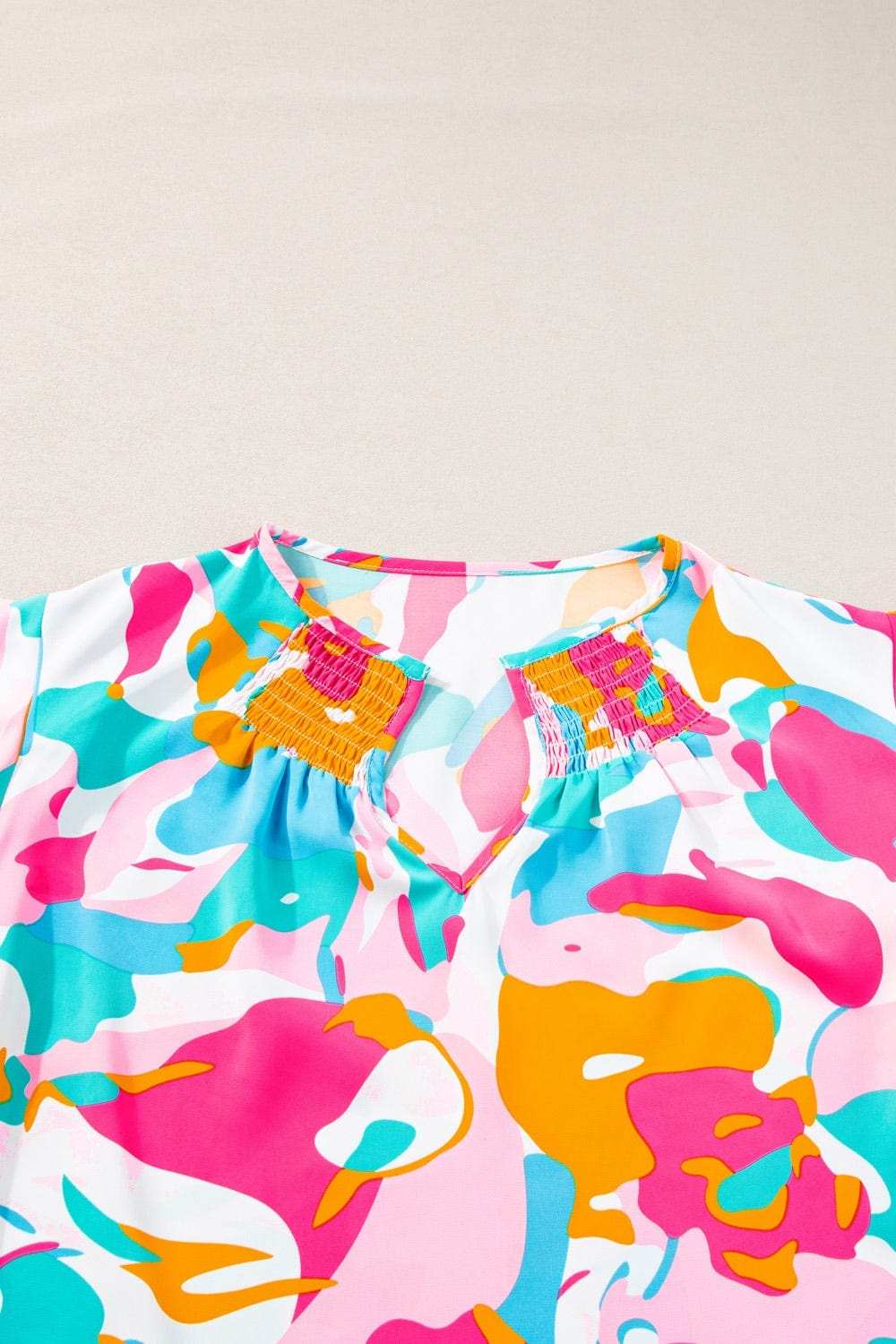 Plus Size Ruffled Printed Notched Cap Sleeve Blouse - Trendsi - Flyclothing LLC