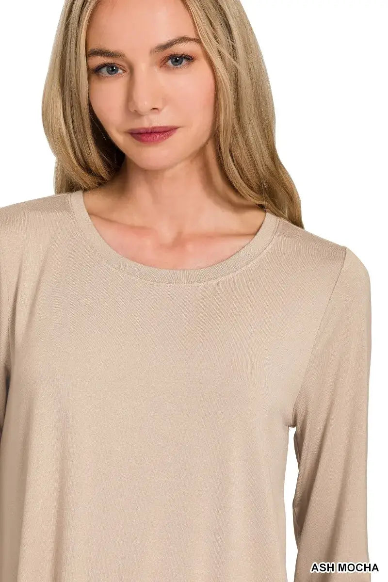 Zenana Flowy Round Hem Rayon Long Sleeve Top - Trendsi - Flyclothing LLC