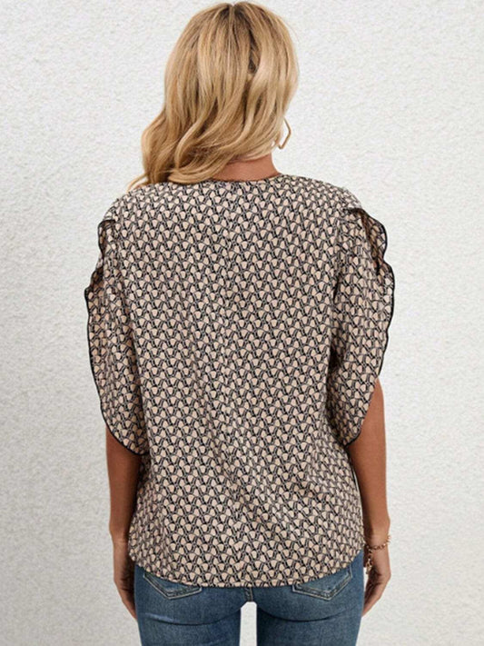 Lace Detail Printed V-Neck Half Sleeve Blouse - Trendsi - Flyclothing LLC