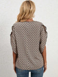 Lace Detail Printed V-Neck Half Sleeve Blouse - Trendsi