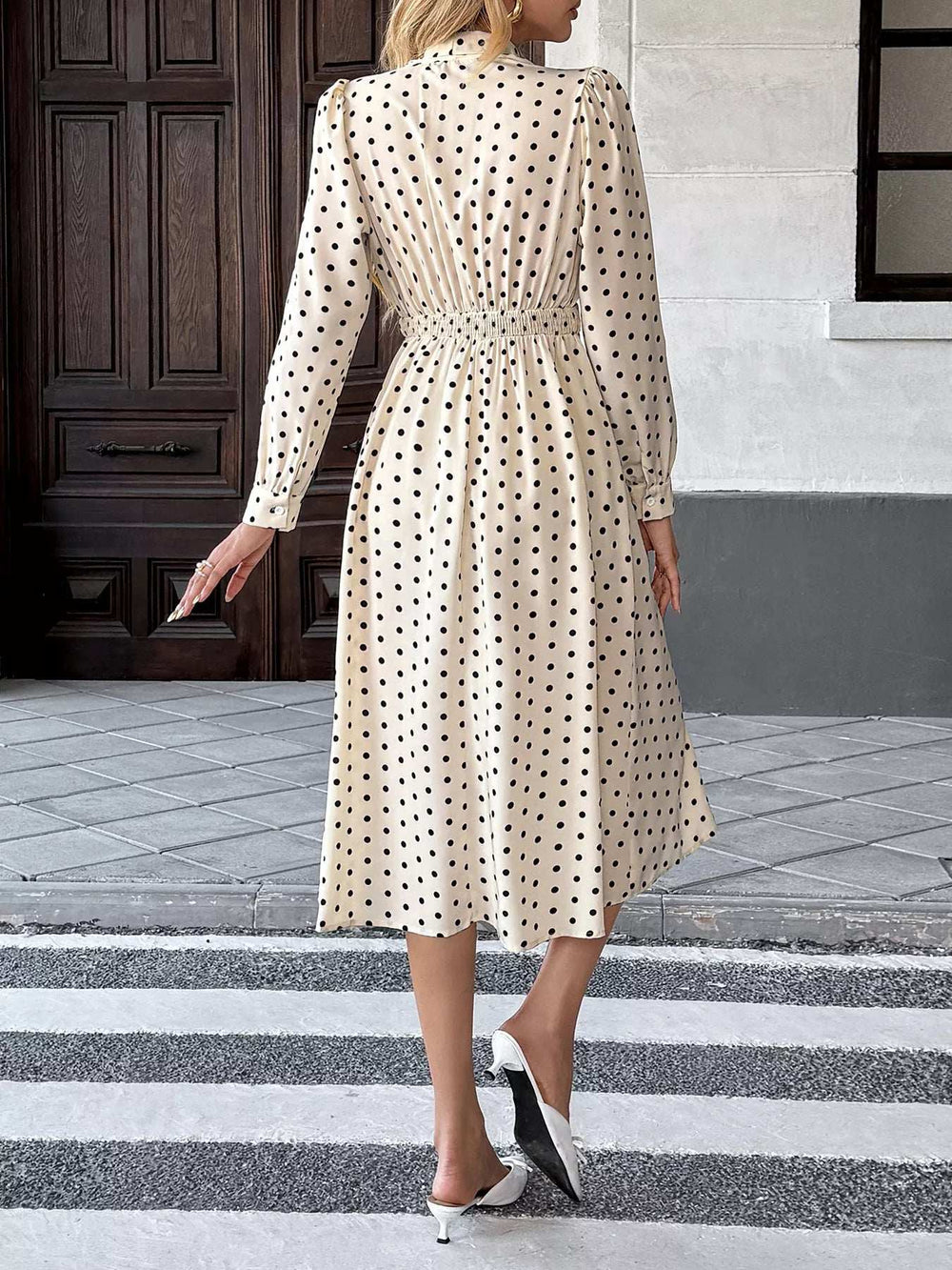 Polka Dot Tie Front Long Sleeve Midi Dress - Trendsi - Flyclothing LLC