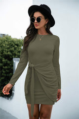 Tied Round Neck Long Sleeve Mini Dress - Trendsi - Flyclothing LLC