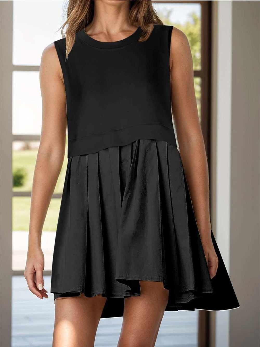 Pleated Round Neck Sleeveless Mini Dress - Trendsi - Flyclothing LLC