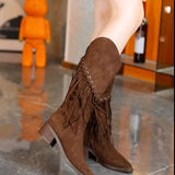Fringed Point Toe Block Heel Boots - Trendsi - Flyclothing LLC