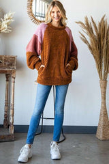 Culture Code Color Block Faux Fur Raglan Sleeve Sweatshirt - Trendsi