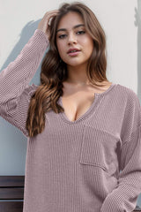 Double Take Striped Notched Long Sleeve T-Shirt - Trendsi - Flyclothing LLC