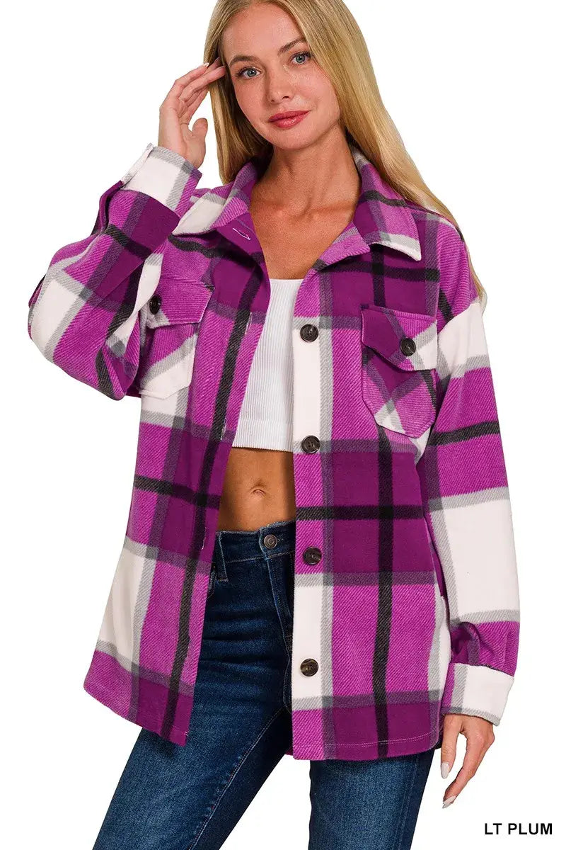 Zenana Oversized Plaid Fleece Shacket - Trendsi - Flyclothing LLC