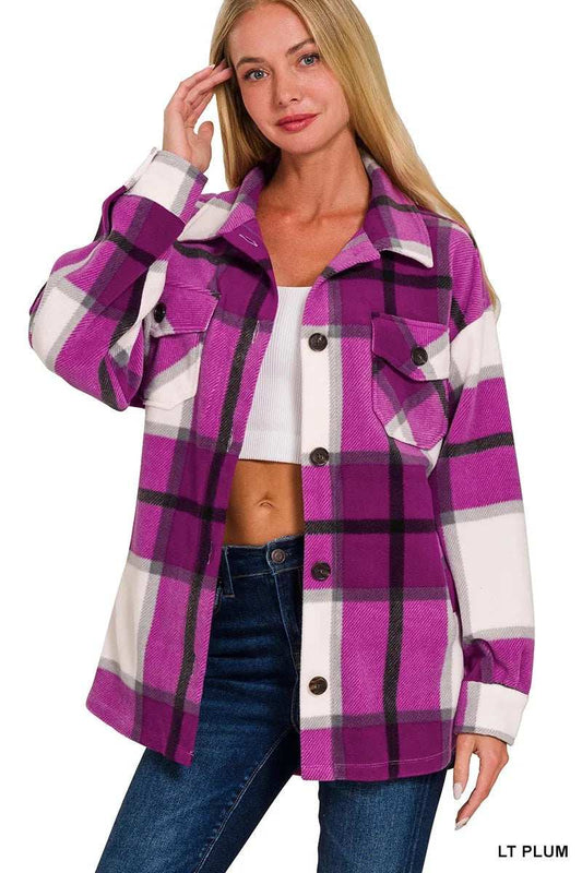 Zenana Oversized Plaid Fleece Shacket - Trendsi - Flyclothing LLC