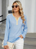 Striped Notched Long Sleeve T-Shirt - Trendsi