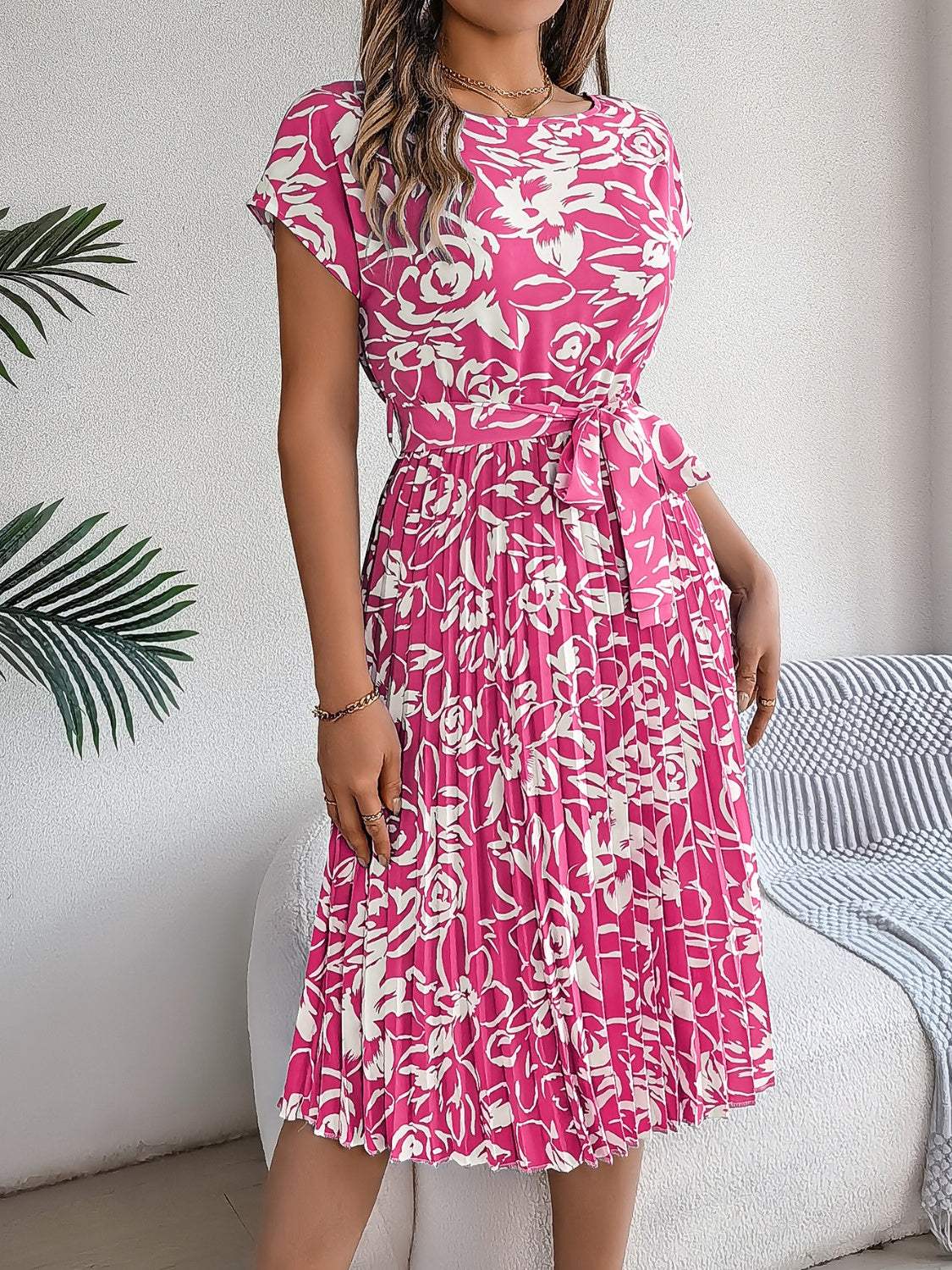 Tied Pleated Printed Short Sleeve Dress - Trendsi - Flyclothing LLC