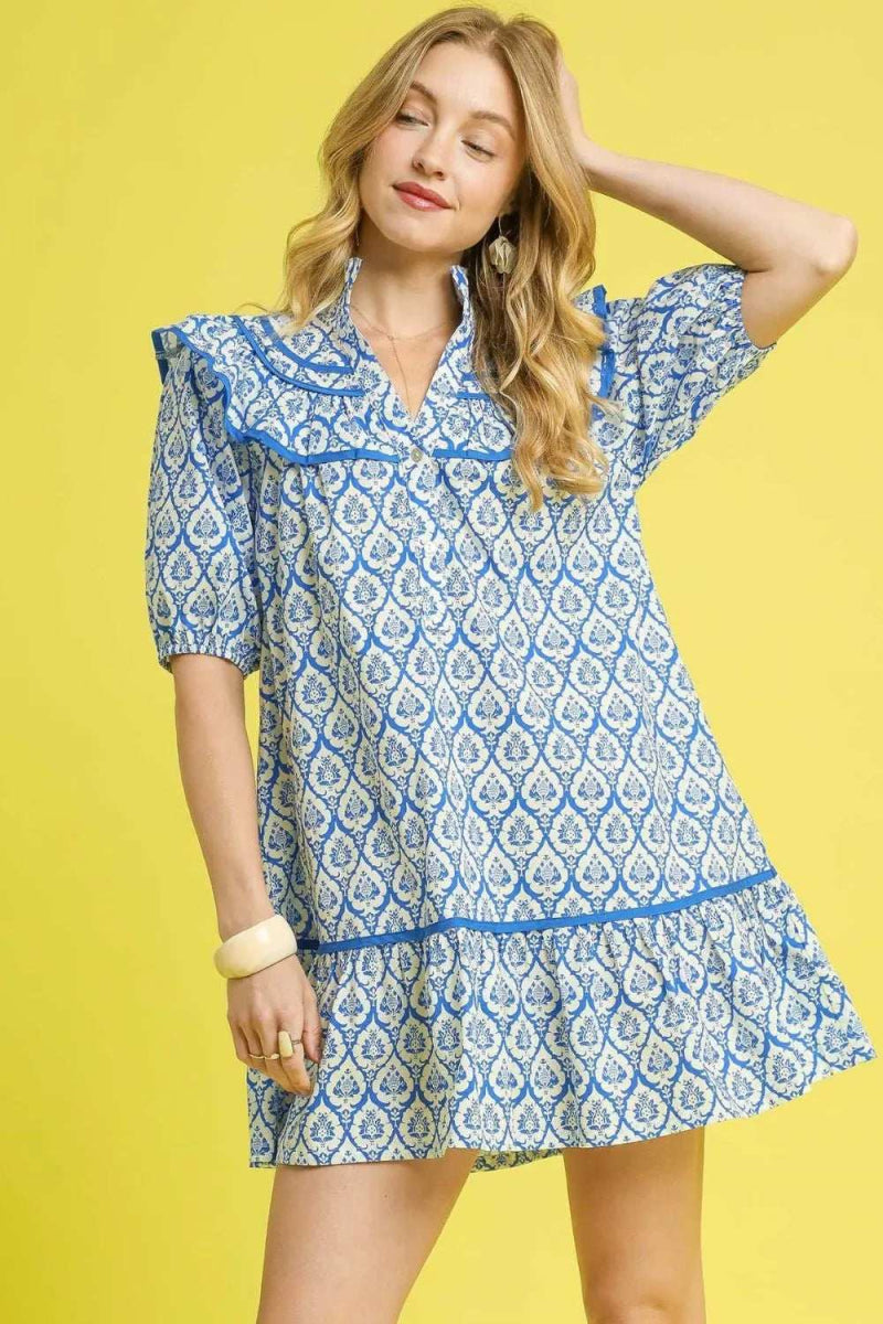 Umgee Ruffled Printed Puff Sleeve Mini Dress - Trendsi - Flyclothing LLC
