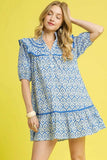 Umgee Ruffled Printed Puff Sleeve Mini Dress - Trendsi - Flyclothing LLC