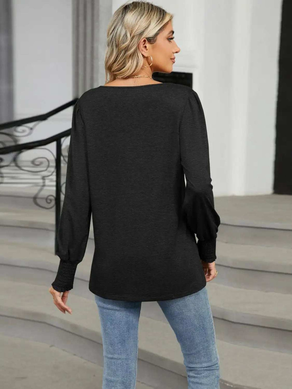 V-Neck Lantern Sleeve T-Shirt - Trendsi - Flyclothing LLC