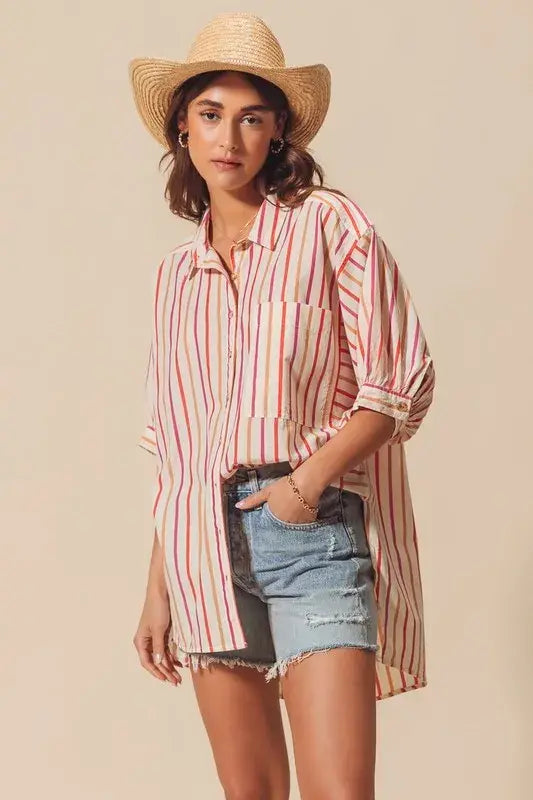 SO ME Multicolored Stripe Button Down Shirt - Trendsi - Flyclothing LLC