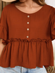Frill Decorative Button Round Neck Half Sleeve Blouse - Trendsi