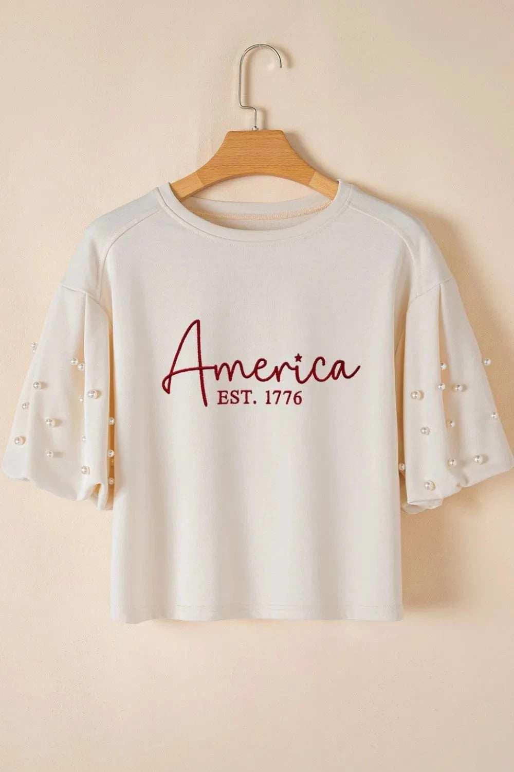 AMERICA EST 1776 Embroidered Pearl Beaded Sleeve T Shirt - Trendsi - Flyclothing LLC