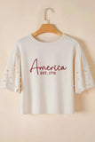 AMERICA EST 1776 Embroidered Pearl Beaded Sleeve T Shirt - Trendsi - Flyclothing LLC