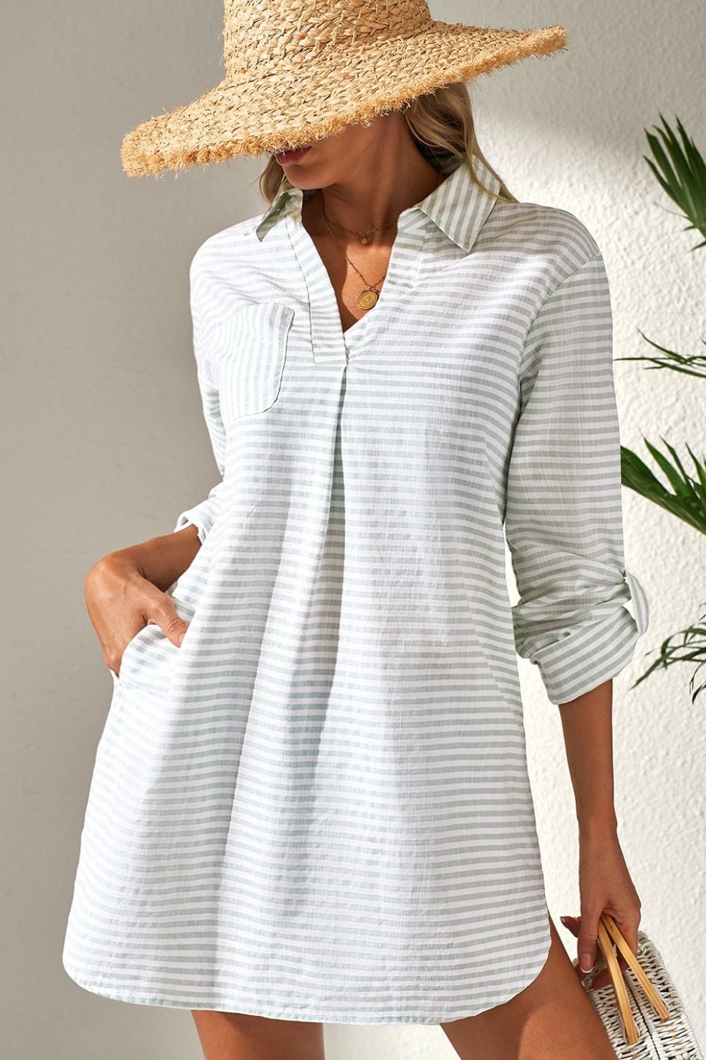 Striped Johnny Collar Long Sleeve Mini Shirt Dress - Trendsi