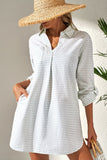 Striped Johnny Collar Long Sleeve Mini Shirt Dress - Trendsi
