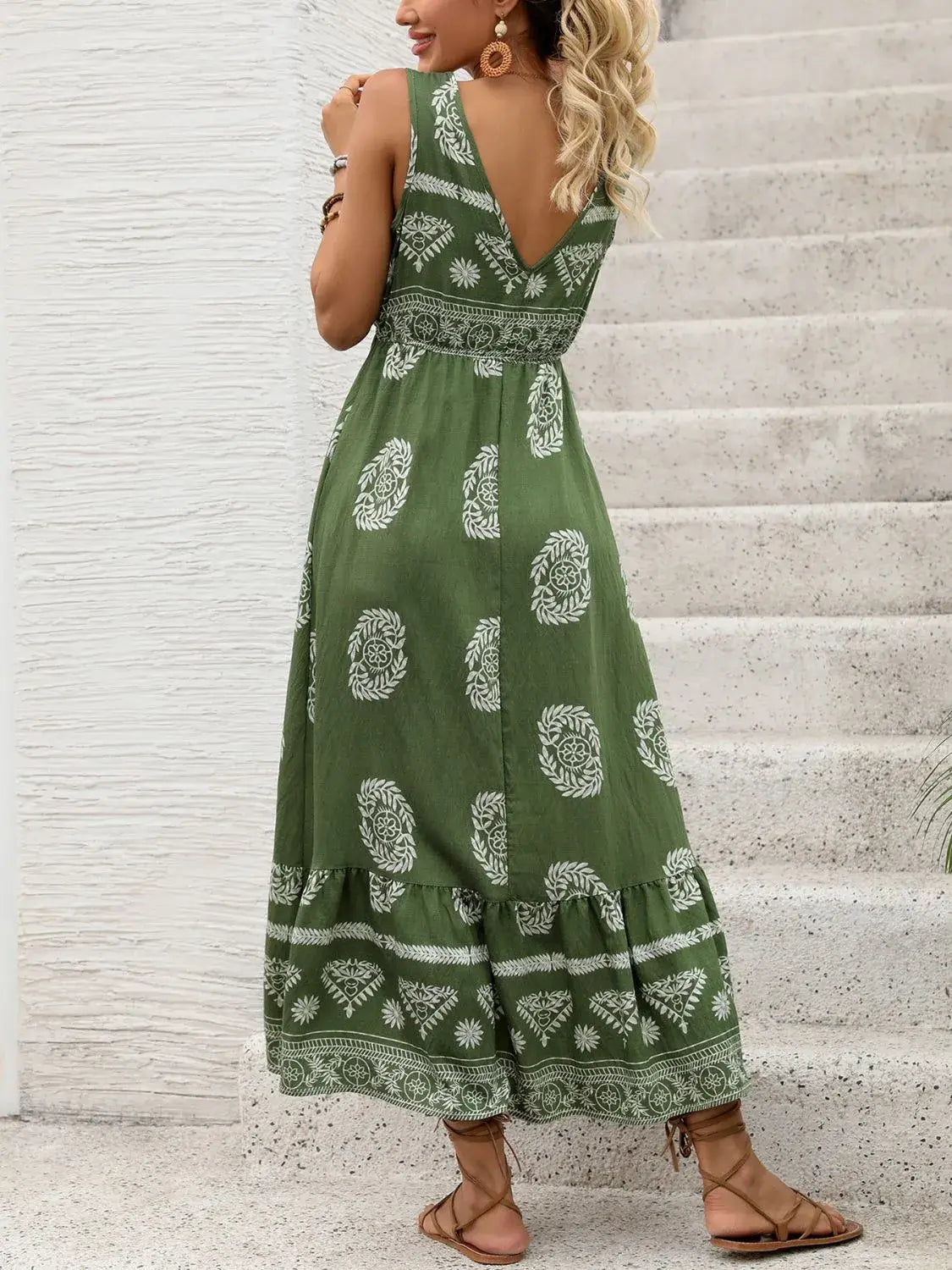 Printed V-Neck Sleeveless Dress - Trendsi - Flyclothing LLC