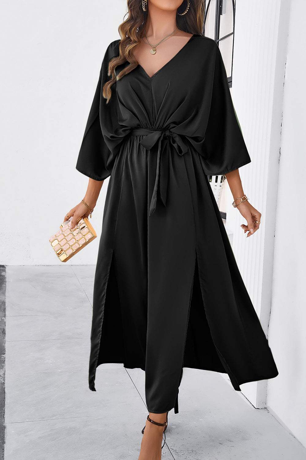 Slit Tied V-Neck Three-Quarter Sleeve Dress - Trendsi - Flyclothing LLC