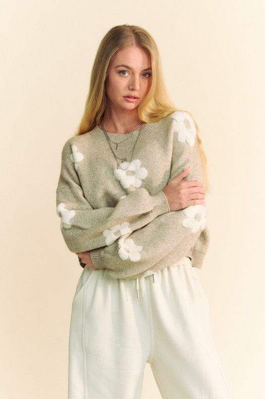 Davi & Dani Floral Drop Shoulder Cropped Sweater - Trendsi - Flyclothing LLC