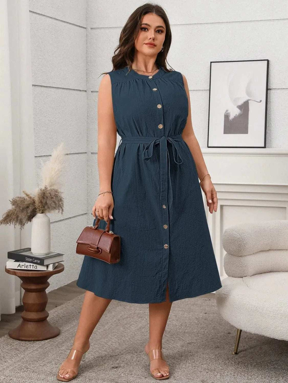 Plus Size Button Front Tie Waist Sleeveless Dress - Trendsi - Flyclothing LLC
