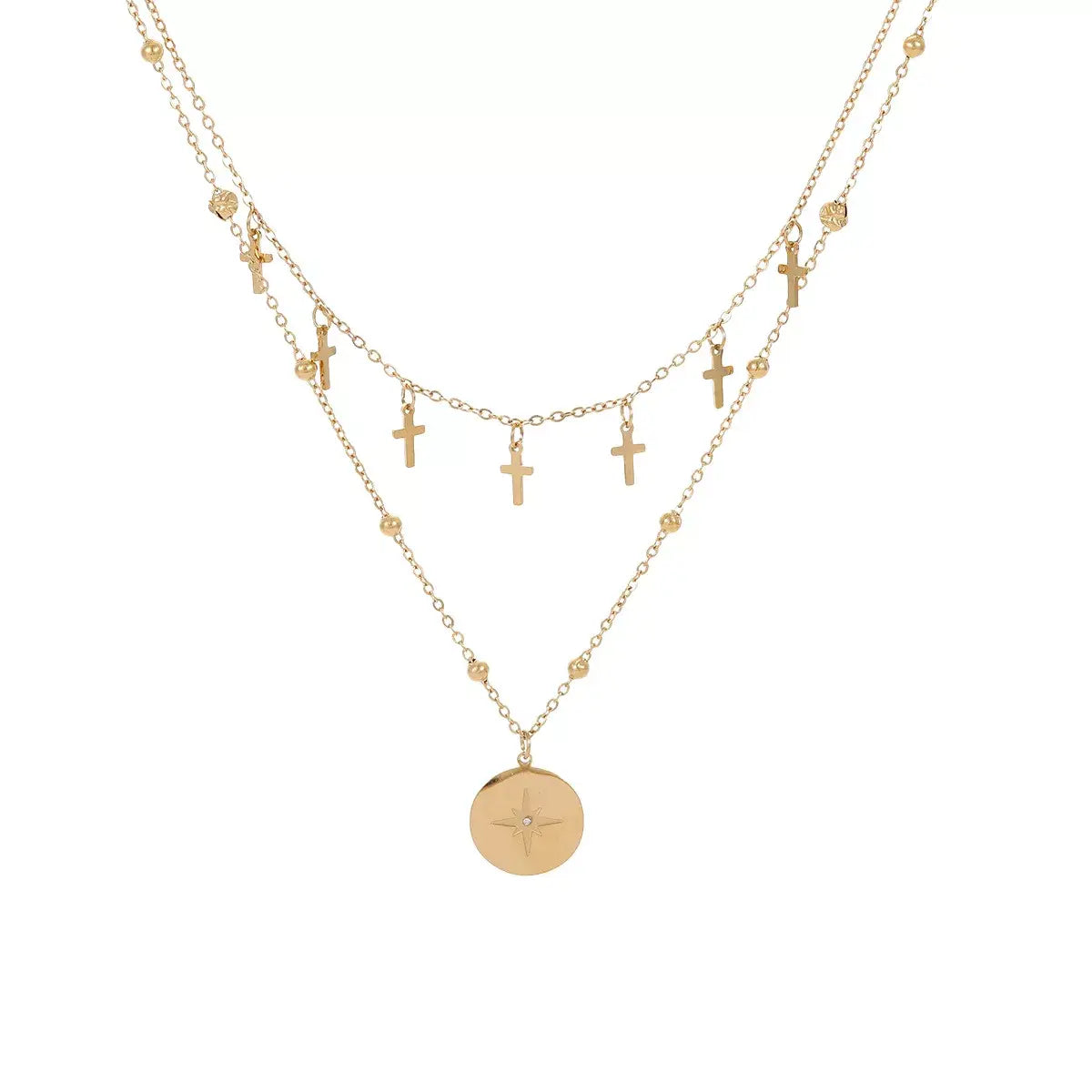 18K Gold-Plated Cross Double Layered Pendant Necklace - Trendsi - Flyclothing LLC