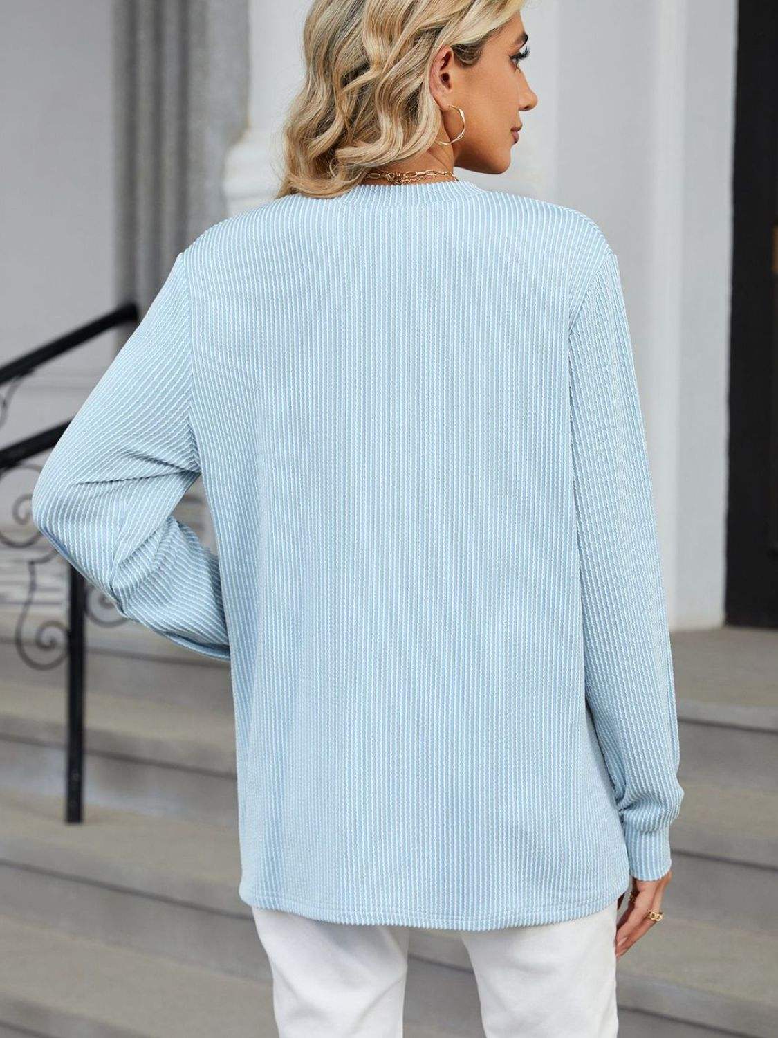 Striped Notched Long Sleeve T-Shirt - Trendsi - Flyclothing LLC