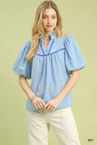 Umgee Puff Sleeve Eyelet Mix Top with Contrast Piping - Trendsi - Flyclothing LLC