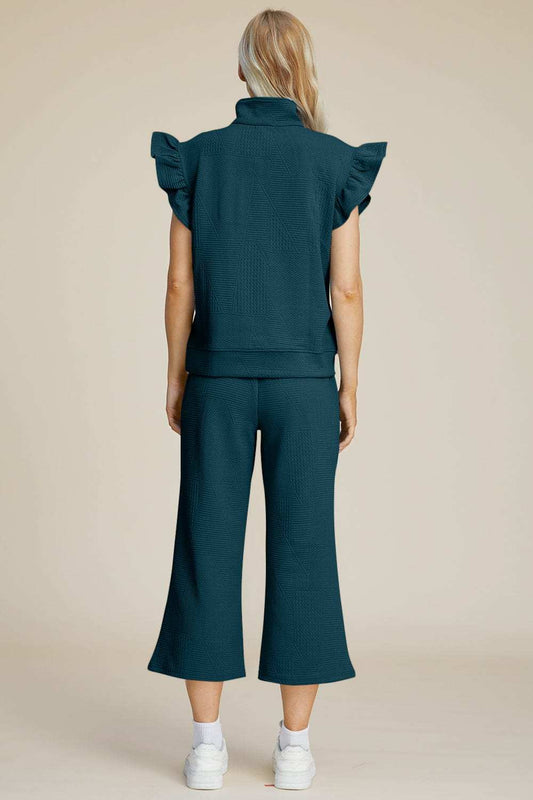 Double Take Full Size Texture Ruffle Short Sleeve Top and Wide Leg Pants Set - Trendsi - Flyclothing LLC