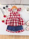 Children's Gingham Bowknot Ruffle Trim Top and Shorts Set - Trendsi - Flyclothing LLC