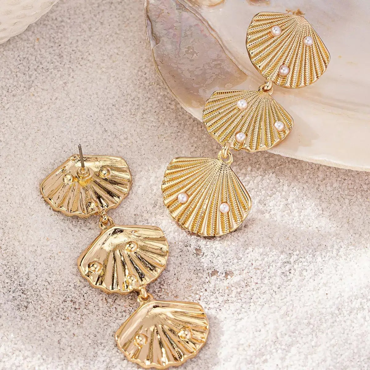 Seashell Dangle Earrings with Pearl Accents - Trendsi - Flyclothing LLC