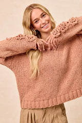 BiBi Chunky Knit Sweater with Flower Detail Sleeves - Trendsi - Flyclothing LLC
