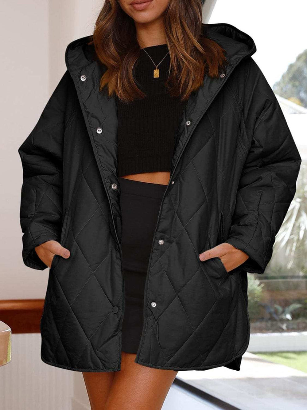 Slit Snap Down Long Sleeve Hooded Jacket - Trendsi - Flyclothing LLC