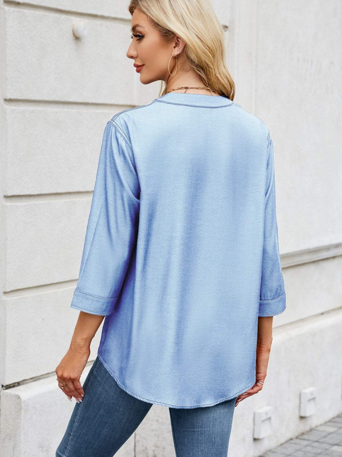 Notched Three-Quarter Sleeve Denim Top - Trendsi - Flyclothing LLC