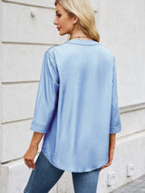 Notched Three-Quarter Sleeve Denim Top - Trendsi - Flyclothing LLC