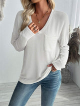 Double Take Pocketed Textured V-Neck Long Sleeve T-Shirt - Trendsi - Flyclothing LLC