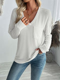 Double Take Pocketed Textured V-Neck Long Sleeve T-Shirt - Trendsi
