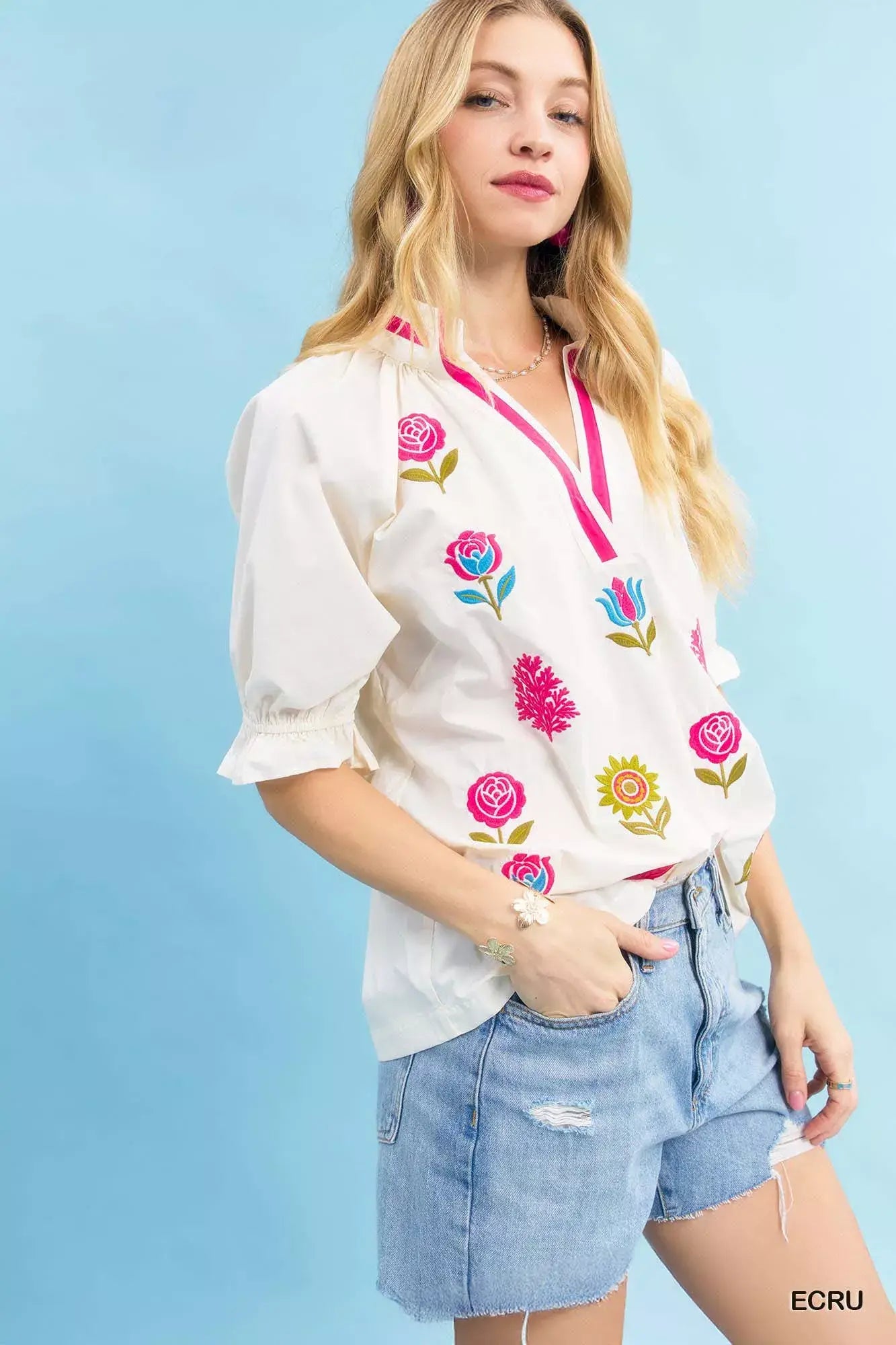 Umgee Embroidered Floral Top with Contrast Trim - Trendsi - Flyclothing LLC