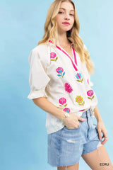 Umgee Embroidered Floral Top with Contrast Trim - Trendsi - Flyclothing LLC