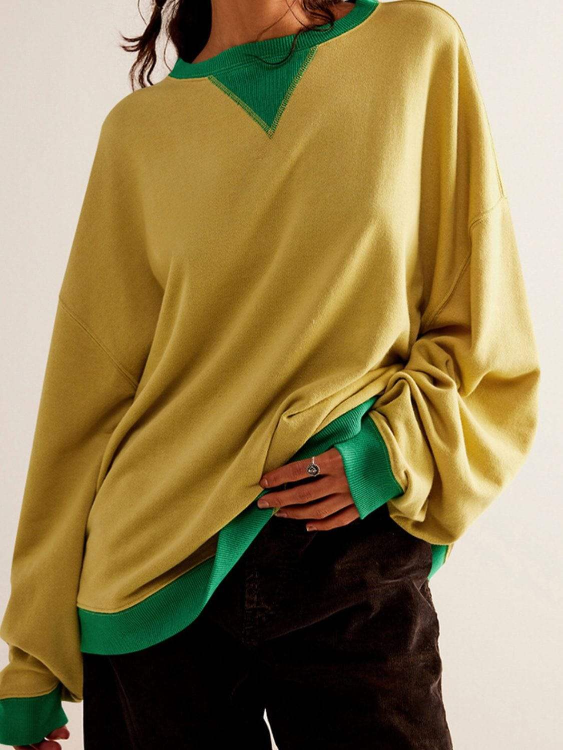 Contrast Trim Round Neck Long Sleeve Sweatshirt - Trendsi - Flyclothing LLC