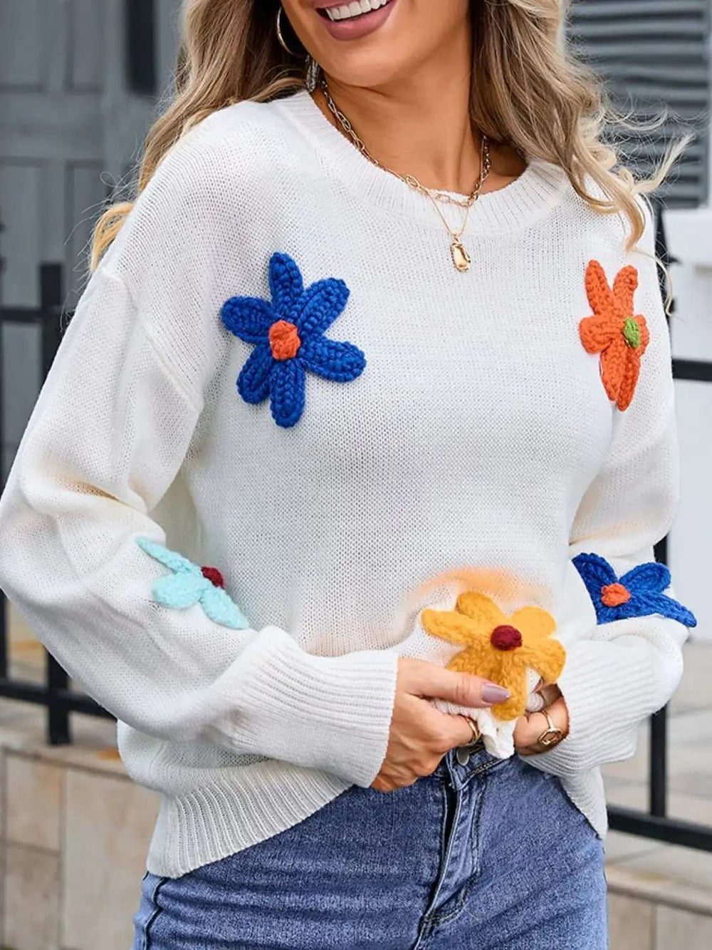 Crochet Flower Round Neck Sweater - Trendsi - Flyclothing LLC