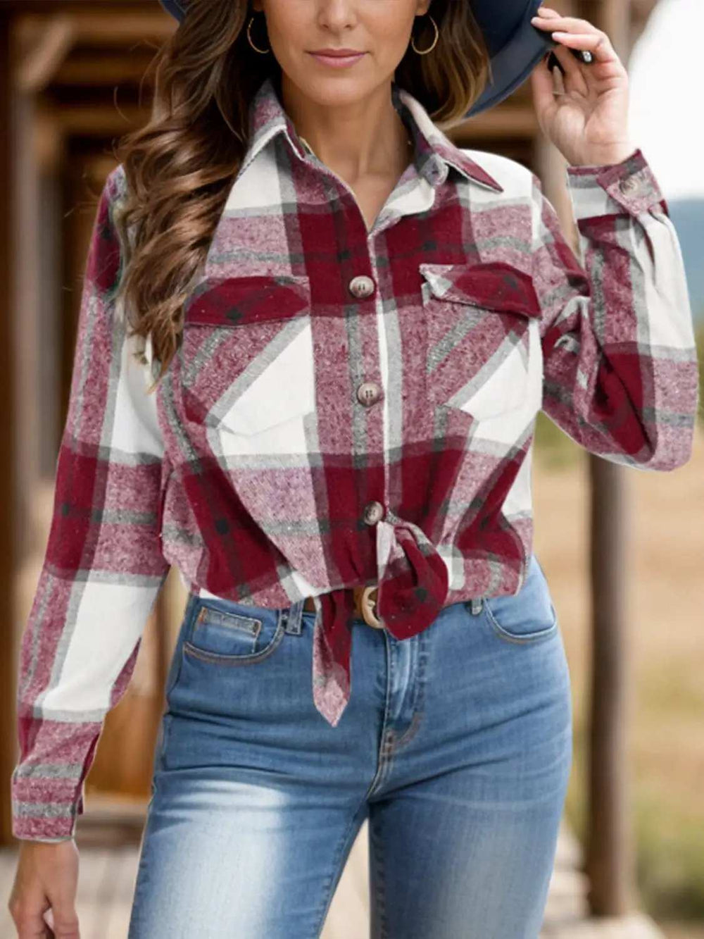 Full Size Pocketed Plaid Collared Neck Shacket - Trendsi - Flyclothing LLC